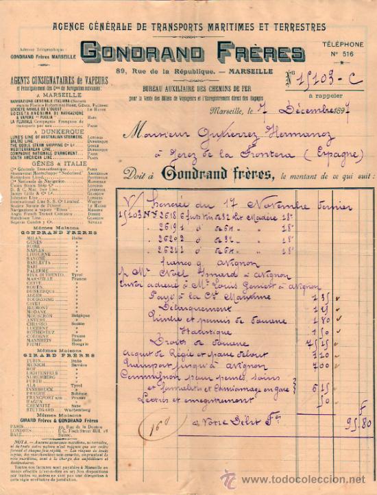 Fatture antiche: FACTURA DE GONDRAND FR&Egrave;RES. AGENCE DE TRANSPORTS MARITIMES ET TERRESTRES. MARSEILLE  1897