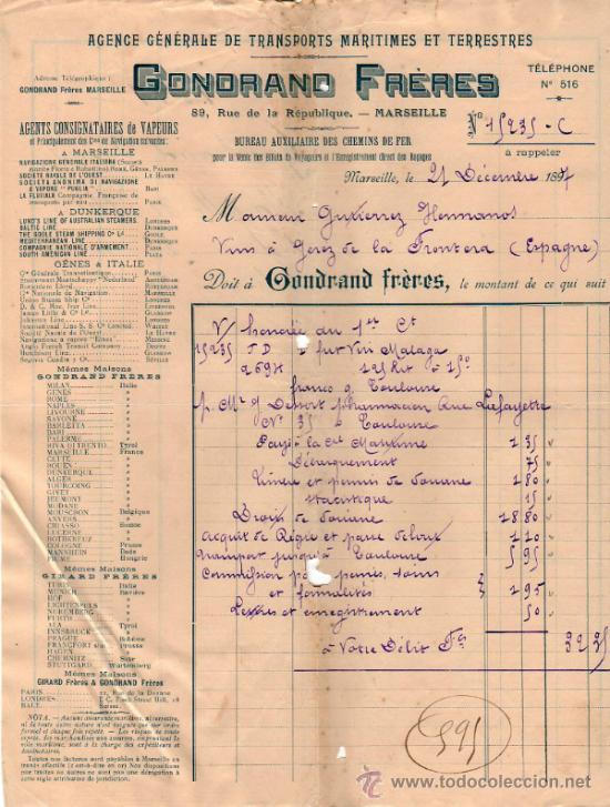 Fatture antiche: FACTURA DE GONDRAND FR&Egrave;RES. AGENCE DE TRANSPORTS MARITIMES ET TERRESTRES. MARSEILLE  1897