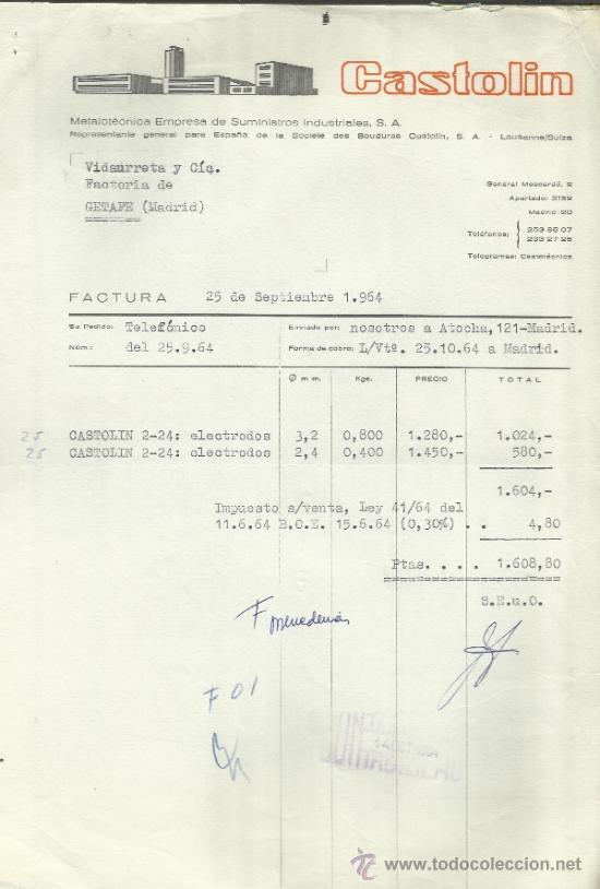 Fatture antiche: FACTURA DE CASTOL&Iacute;N. METALOT&Eacute;CNICA EMPRESA DE SUMINISTROS INDUSTRIALES, S.A.GETAFE. MADRID. 1965
