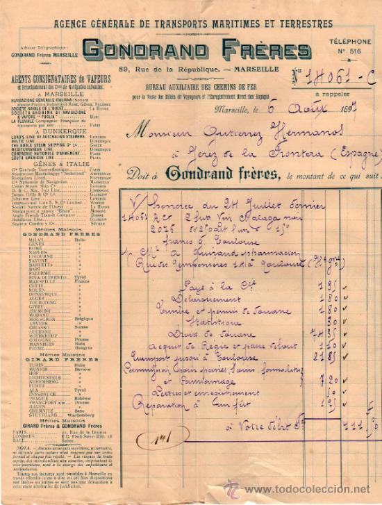 Fatture antiche: FACTURA DE GONDRAND FR&Egrave;RES. AGENCE DE TRANSPORTS MARITIMES ET TERRESTRES.  MARSEILLE  1897