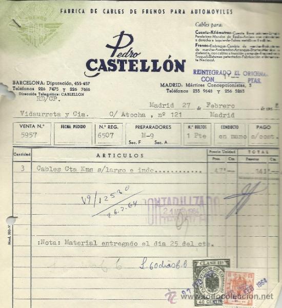 Fatture antiche: FACTURA DE PEDRO CASTELL&Oacute;N. F&Aacute;BRICA DE FRENOS PARA AUTOM&Oacute;VILES. BARCELONA. 1964