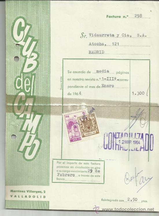 Fatture antiche: FACTURA DE CLUB DEL CAMPO. VALLADOLID. 1964