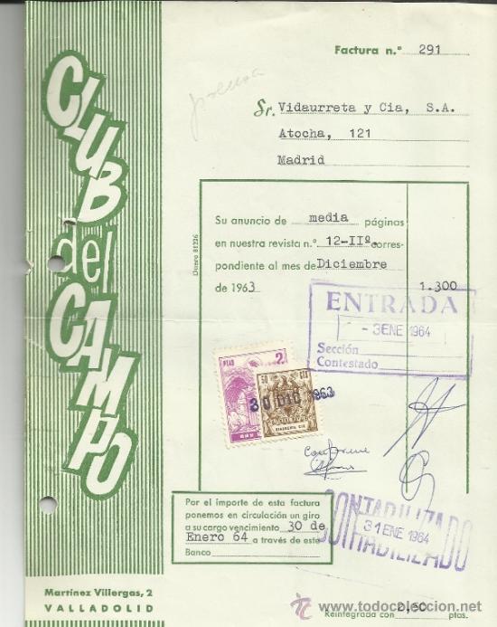 Fatture antiche: FACTURA DE CLUB DEL CAMPO. VALLADOLID. 1963