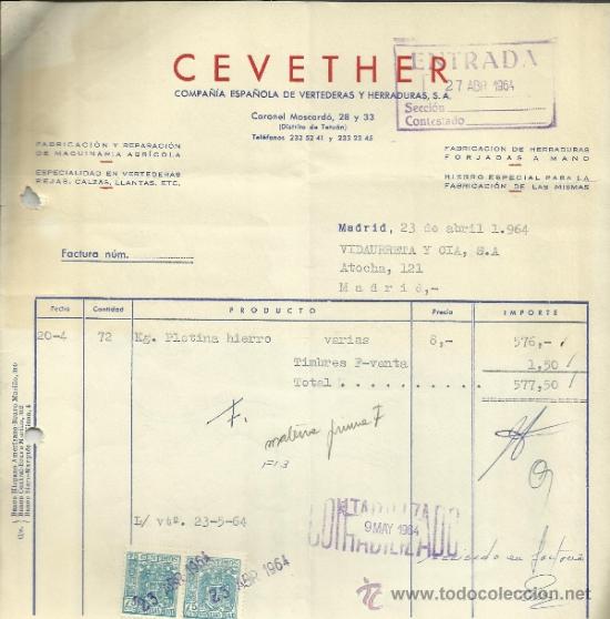Fatture antiche: FACTURA DE CEVETHER. COMPA&Ntilde;&Iacute;A ESPA&Ntilde;OLA DE VERTEDERAS Y HERRADURAS. MADRID. 1964