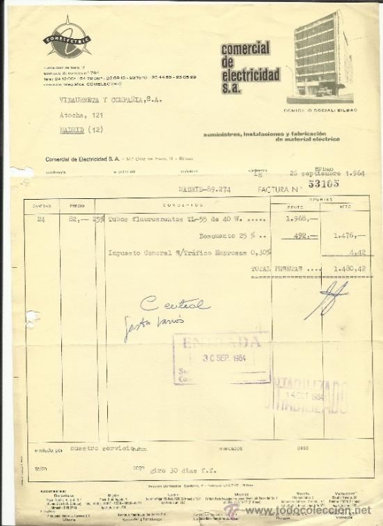 Fatture antiche: FACTURA DE COMERCIAL DE ELECTRICIDAD S.A. BILBAO. 1964