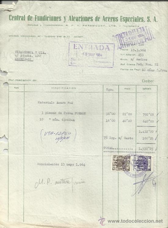 Fatture antiche: FACTURA DE CENTRAL DE FUNDICIONES Y ALEACIONES DE ACEROS ESPECIALES S.A. MADRID. 1964