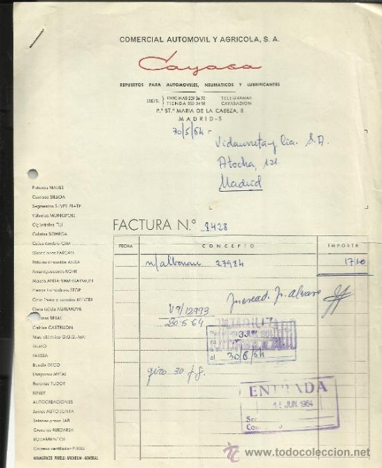 Fatture antiche: FACTURA DE COMERCIAL AUTOMOVIL Y AGR&Iacute;COLA. S.A. MADRID.  1964
