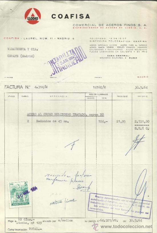Fatture antiche: FACTURA DE COAFISA. COMERCIAL DE ACEROS FINOS. MADRID. 1964