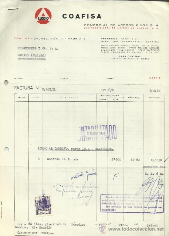 Fatture antiche: FACTURA DE COAFISA. COMERCIAL DE ACEROS FINOS. MADRID. 1964
