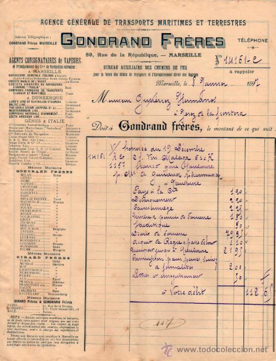 Fatture antiche: FACTURA DE GONDRAND FR&Egrave;RES. AGENCE DE TRANSPORTS DE MARITIMES ET TERRESTRES. MARSEILLE 1897