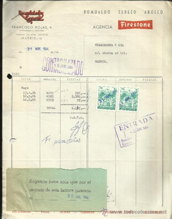 Fatture antiche: FACTURA DE ROMUALDO CEREZO ABOLLO. RECAUCHUTADOS ESPA&Ntilde;A. MADRID. 1964