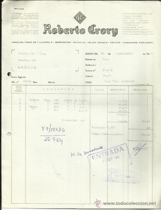 Old Invoices: FACTURA DE ROBERTO CRORY. TUBER&Iacute;A V&Aacute;VULAS. MADRID. 1964