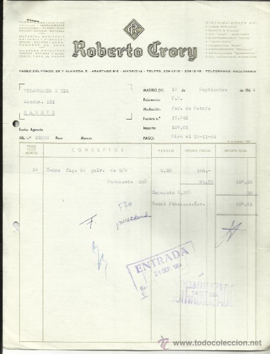 Old Invoices: FACTURA DE ROBERTO CRORY. TUBER&Iacute;A V&Aacute;LVULAS. MADRID. 1964