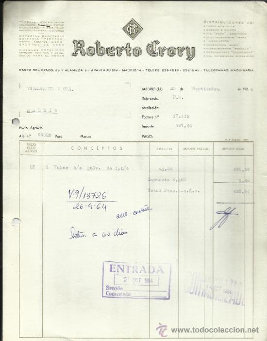 Old Invoices: FACTURA DE ROBERTO CRORY. TUBER&Iacute;A V&Aacute;LVULAS. MADRID. 1964