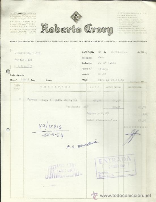 Old Invoices: FACTURA DE ROBERTO CRORY. TUBER&Iacute;A V&Aacute;LVULAS. MADRID. 1964