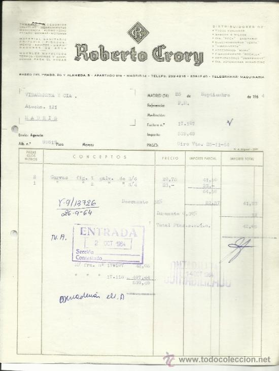Old Invoices: FACTURA DE ROBERTO CRORY. TUBER&Iacute;A V&Aacute;LVULAS. MADRID. 1964