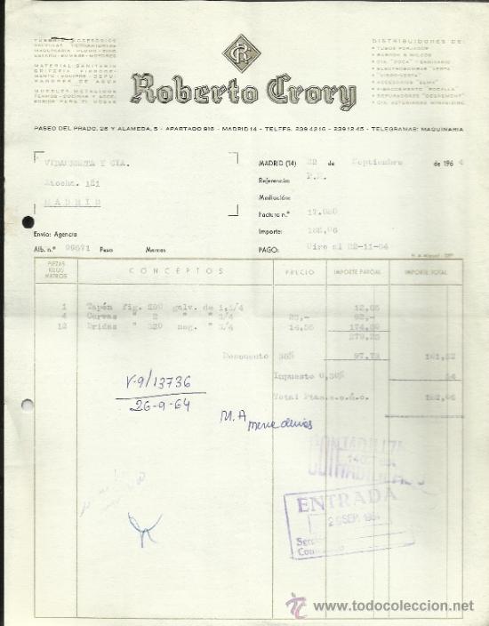 Facturas antiguas: FACTURA DE ROBERTO CRORY. TUBER&Iacute;A V&Aacute;LVULAS. MADRID. 1964