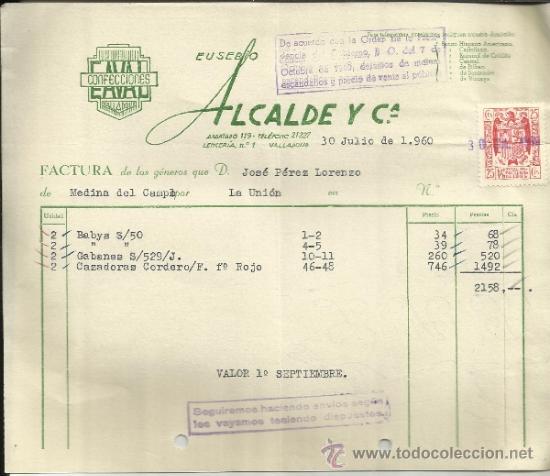 Facturas antiguas: FACTURA DE EUSEBIO ALCALDE Y C&ordf;. CONFECCIONES. VALLADOLID. 1960 - Foto 1