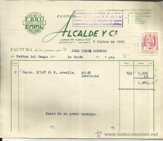 Facturas antiguas: FACTURA DE EUSEBIO ALCALDE Y C&ordf;. CONFECCIONES. VALLADOLID. 1959 - Foto 1