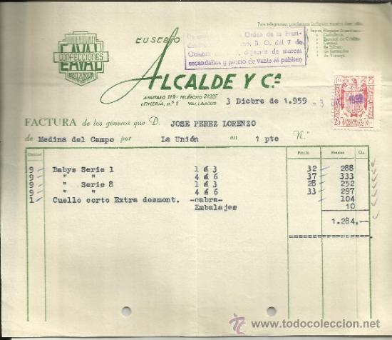 Facturas antiguas: FACTURA DE EUSEBIO ALCALDE Y C&ordf;. CONFECCIONES. VALLADOLID. 1959 - Foto 1
