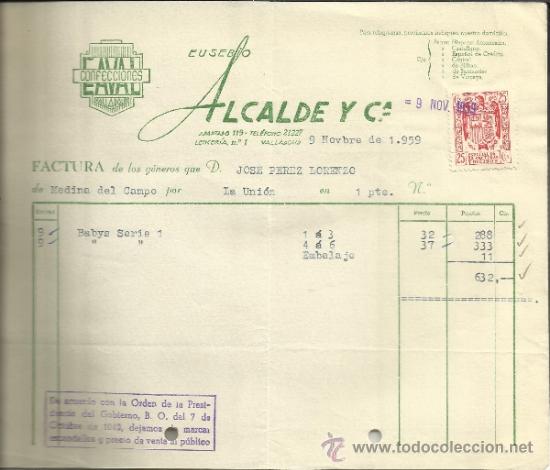 Facturas antiguas: FACTURA DE EUSEBIO ALCALDE Y C&ordf;. CONFECCIONES. VALLADOLID. 1959 - Foto 1
