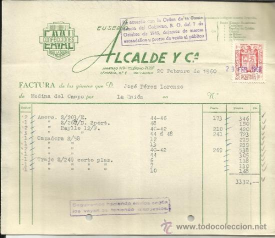 Facturas antiguas: FACTURA DE EUSEBIO ALCALDE Y C&ordf;. CONFECCIONES. VALLADOLID. 1960 - Foto 1