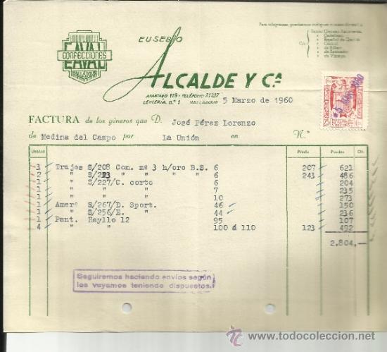 Facturas antiguas: FACTURA DE EUSEBIO ALCALDE Y C&ordf;. CONFECCIONES. VALLADOLID. 1960 - Foto 1
