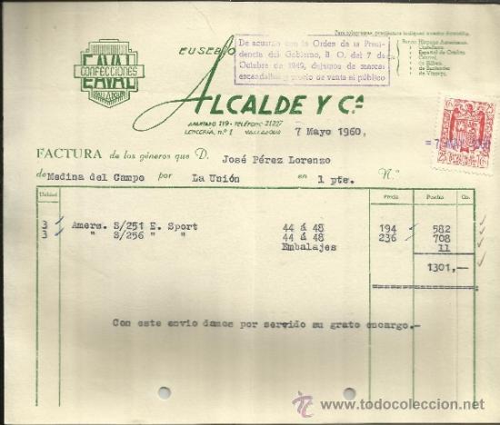 Facturas antiguas: FACTURA DE EUSEBIO ALCALDE Y C&ordf;. CONFECCIONES. VALLADOLID. 1960 - Foto 1