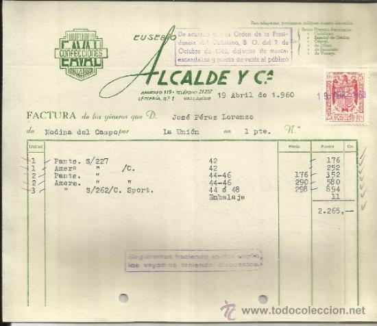 Facturas antiguas: FACTURA DE EUSEBIO ALCALDE Y C&ordf;. CONFECCIONES. VALLADOLID. 1960 - Foto 1