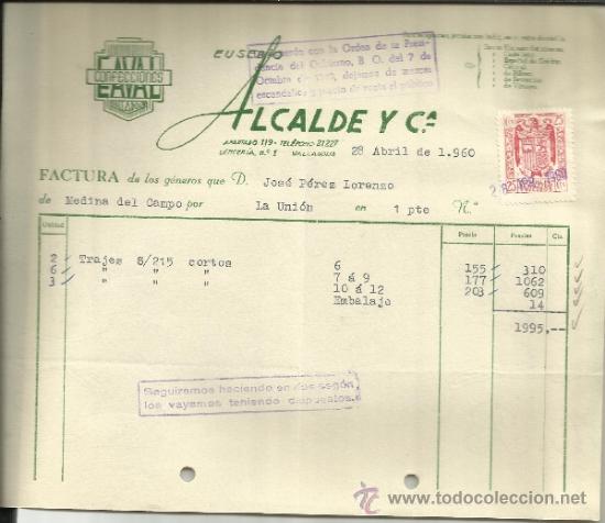Facturas antiguas: FACTURA DE EUSEBIO ALCALDE Y C&ordf;. CONFECCIONES. VALLADOLID. 1960 - Foto 1