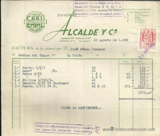 Facturas antiguas: FACTURA DE EUSEBIO ALCALDE Y C&ordf;. CONFECCIONES. VALLADOLID. 1960 - Foto 1