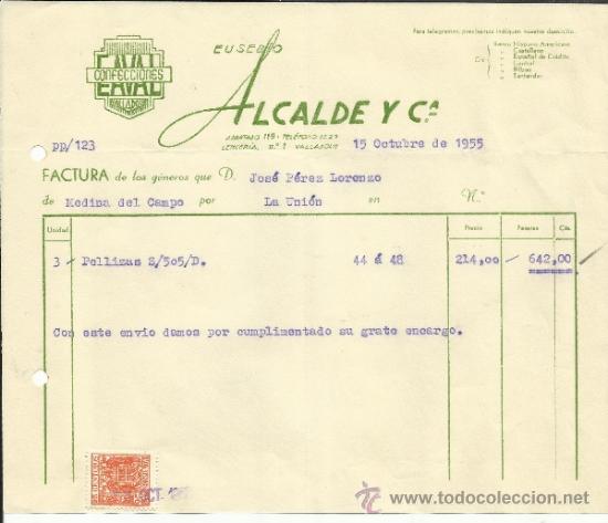 Facturas antiguas: FACTURA DE EUSEBIO ALCALDE Y C&ordf;. CONFECCIONES. VALLADOLID. 1955 - Foto 1