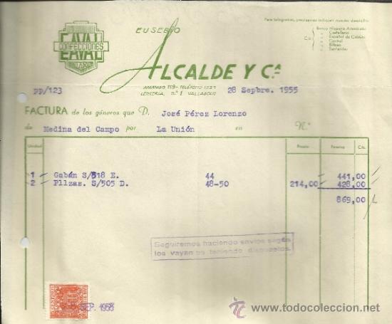 Facturas antiguas: FACTURA DE EUSEBIO ALCALDE Y C&ordf;. CONFECCIONES. VALLADOLID. 1955 - Foto 1