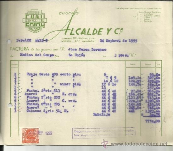 Facturas antiguas: FACTURA DE EUSEBIO ALCALDE Y C&ordf;. CONFECCIONES. VALLADOLID. 1955 - Foto 1