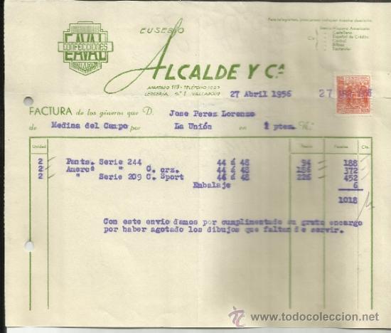 Facturas antiguas: FACTURA DE EUSEBIO ALCALDE Y C&ordf;. CONFECCIONES. VALLADOLID. 1956 - Foto 1