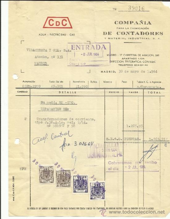 Fatture antiche: FACTURA DE COMPA&Ntilde;&Iacute;A PARA LA FABRICACI&Oacute;N DE CONTADORES. S.A. MADRID.1964