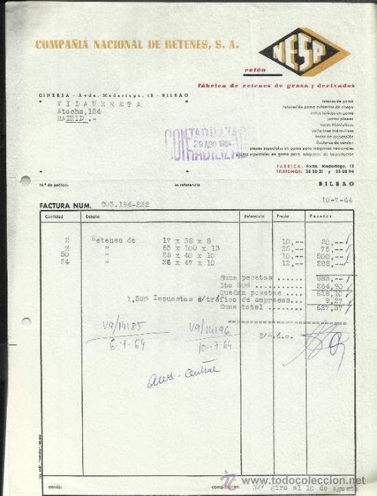 Fatture antiche: FACTURA DE COMPA&Ntilde;&Iacute;A NACIONAL DE RETENES. S.A. BILBAO. 1964