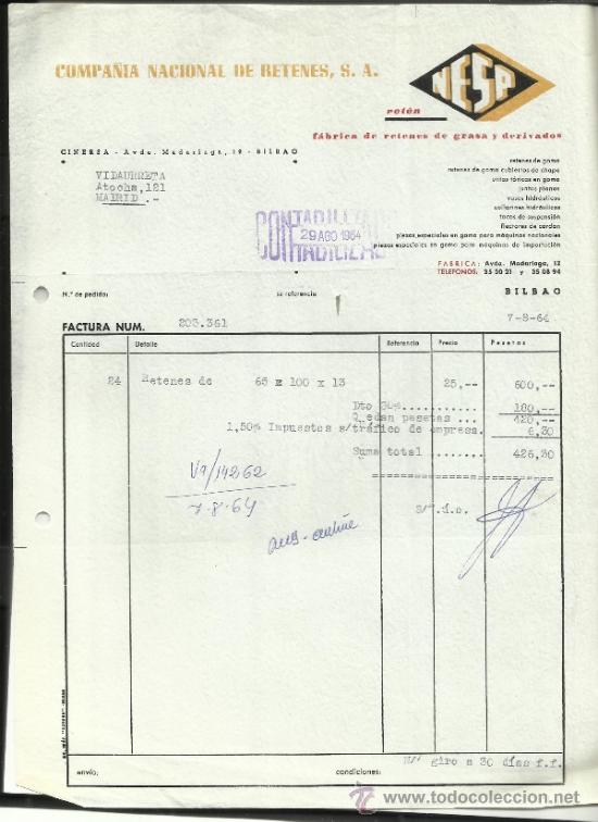 Fatture antiche: FACTURA DE COMPA&Ntilde;&Iacute;A NACIONAL DE RETENES. S.A. BILBAO. 1964