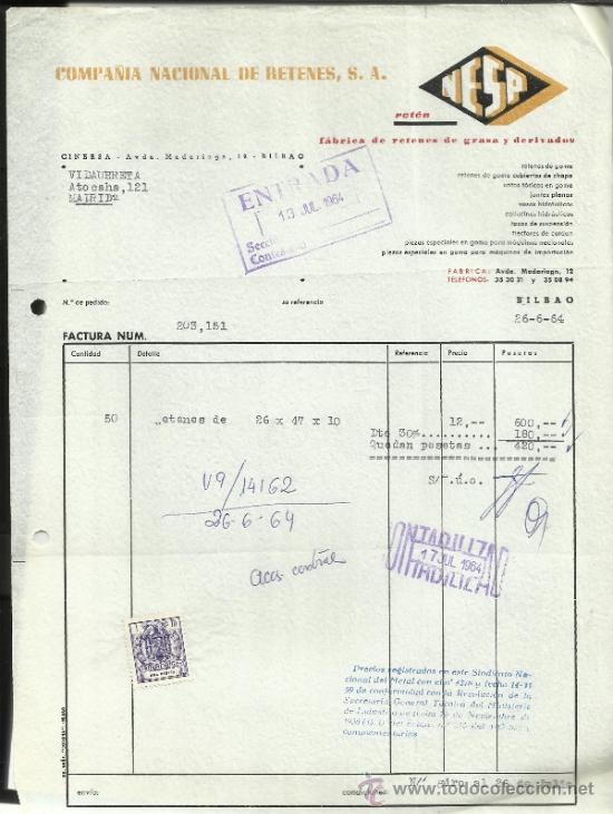 Fatture antiche: FACTURA DE COMPA&Ntilde;&Iacute;A NACIONAL DE RETENES. S.A. BILBAO. 1964