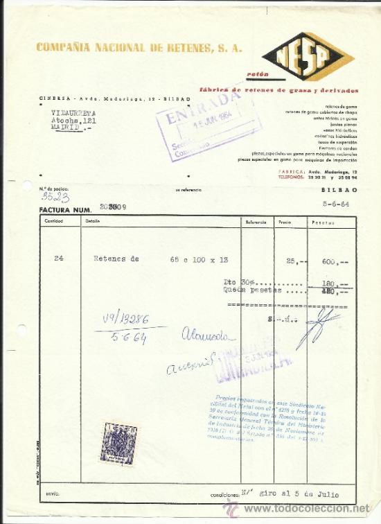 Fatture antiche: FACTURA DE COMPA&Ntilde;&Iacute;A NACIONAL DE RETENES. S.A. BILBAO. 1964