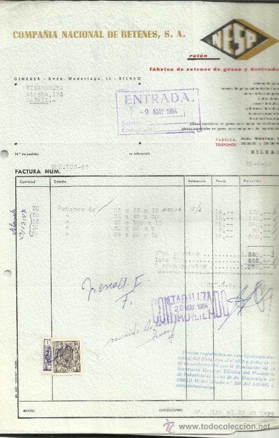 Facturas antiguas: FACTURA DE COMPA&Ntilde;&Iacute;A NACIONAL DE RETENES. S.A. BILBAO. 1964