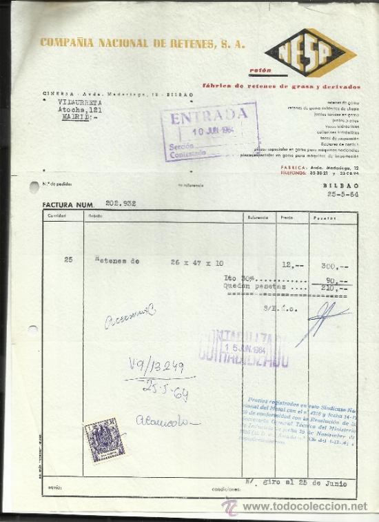 Facturas antiguas: FACTURA DE COMPA&Ntilde;&Iacute;A NACIONAL DE RETENES. S.A. BILBAO. 1964
