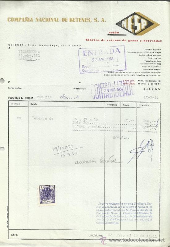 Facturas antiguas: FACTURA DE COMPA&Ntilde;&Iacute;A NACIONAL DE RETENES. S.A. BILBAO. 1964