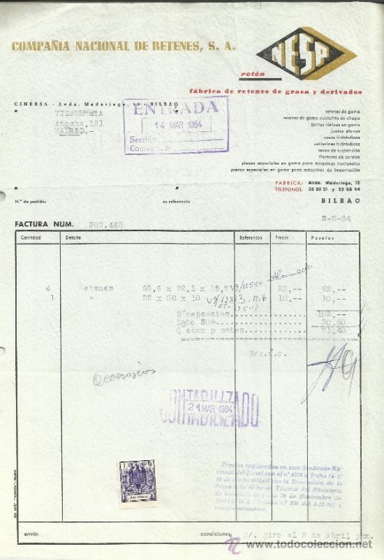Facturas antiguas: FACTURA DE COMPA&Ntilde;&Iacute;A NACIONAL DE RETENES. S.A. BILBAO. 1964