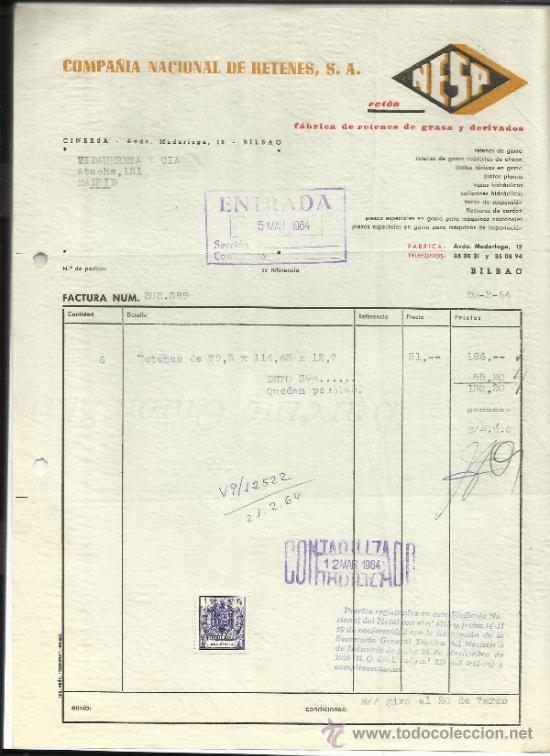 Facturas antiguas: FACTURA DE COMPA&Ntilde;&Iacute;A NACIONAL DE RETENES. S.A. BILBAO. 1964