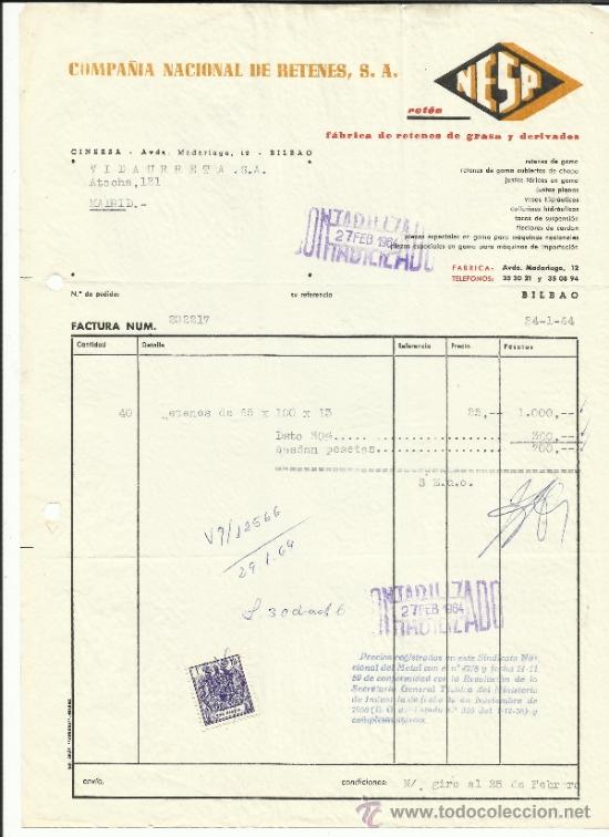 Facturas antiguas: FACTURA DE COMPA&Ntilde;&Iacute;A NACIONAL DE RETENES. S.A. BILBAO. 1964