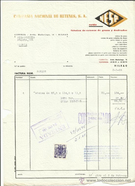 Facturas antiguas: FACTURA DE COMPA&Ntilde;&Iacute;A NACIONAL DE RETENES. S.A. BILBAO. 1964