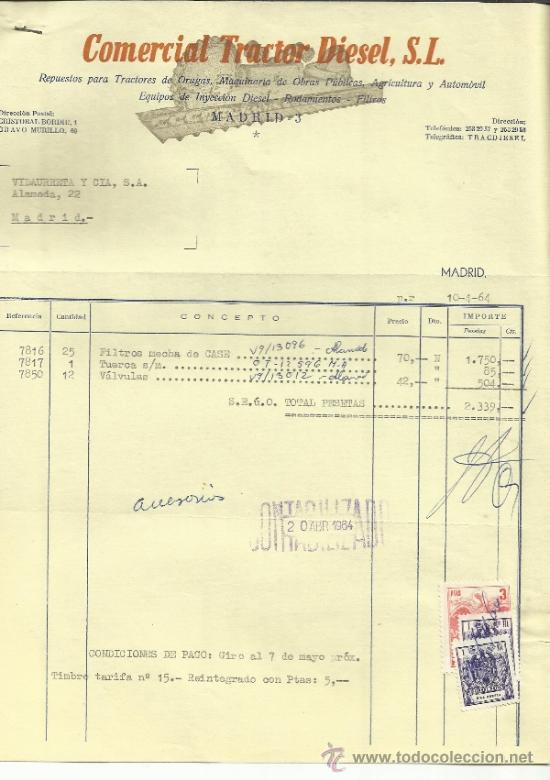 Facturas antiguas: FACTURA DE COMERCIAL TRACTOR DIESEL S.L. MADRID. 1964