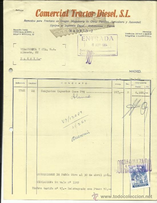 Facturas antiguas: FACTURA DE COMERCIAL TRACTOR DIESEL S.L. MADRID. 1964