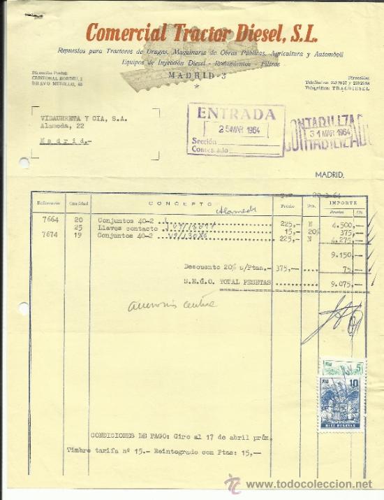 Facturas antiguas: FACTURA DE COMERCIAL TRACTOR DIESEL S.L. MADRID. 1964